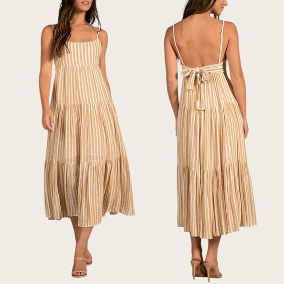 NWT | Elan | Khaki Stripe Spaghetti Strap Maxi Dress | White/Beige | Small - Picture 1 of 12